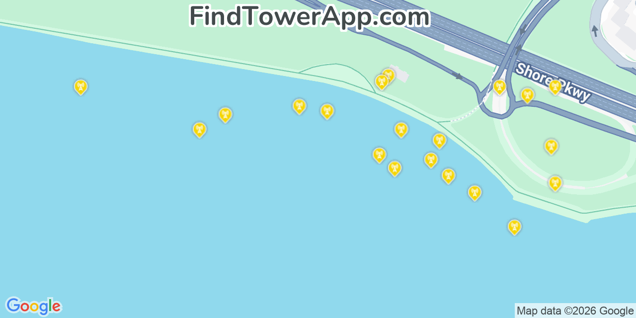 Map showing the 20 primary cell tower locations detected in Fort Hamilton, New York from AT&T, Verizon, and T-Mobile networks