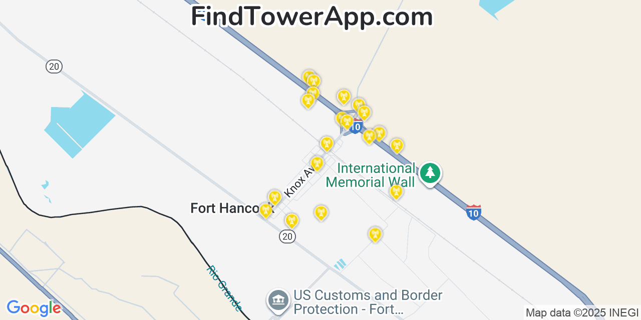 Map showing the 20 primary cell tower locations detected in Fort Hancock, Texas from AT&T, Verizon, and T-Mobile networks