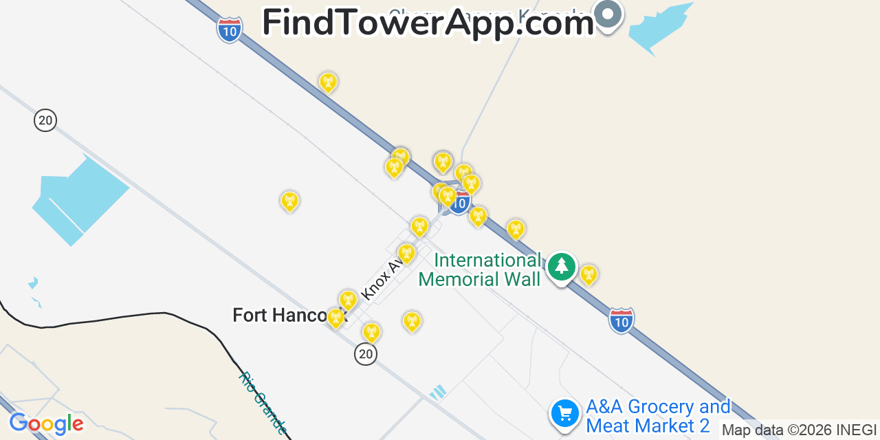 Map showing the 20 primary cell tower locations detected in Fort Hancock, Texas from AT&T, Verizon, and T-Mobile networks