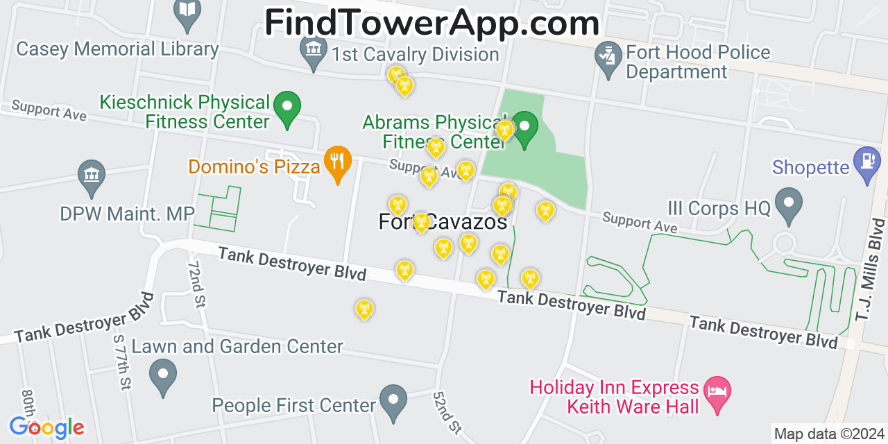 AT&T 4G/5G cell tower coverage map Fort Hood, Texas