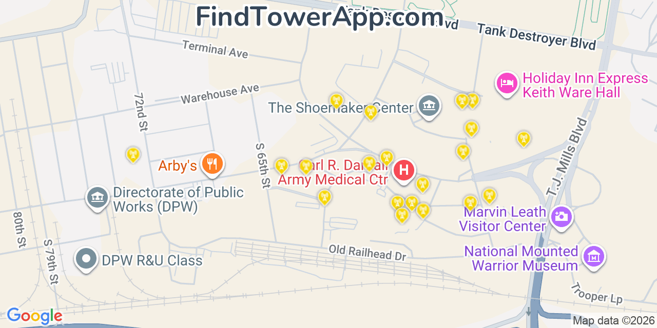 Map showing the 20 primary cell tower locations detected in Fort Hood, Texas from AT&T, Verizon, and T-Mobile networks