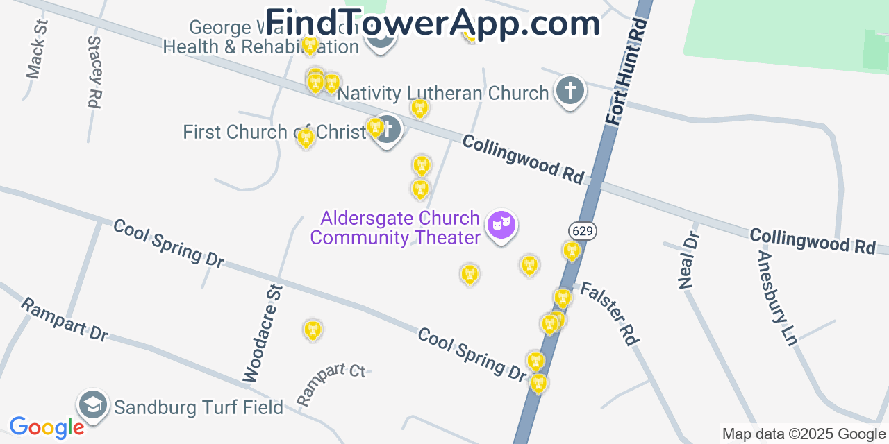 Map showing the 20 primary cell tower locations detected in Fort Hunt, Virginia from AT&T, Verizon, and T-Mobile networks