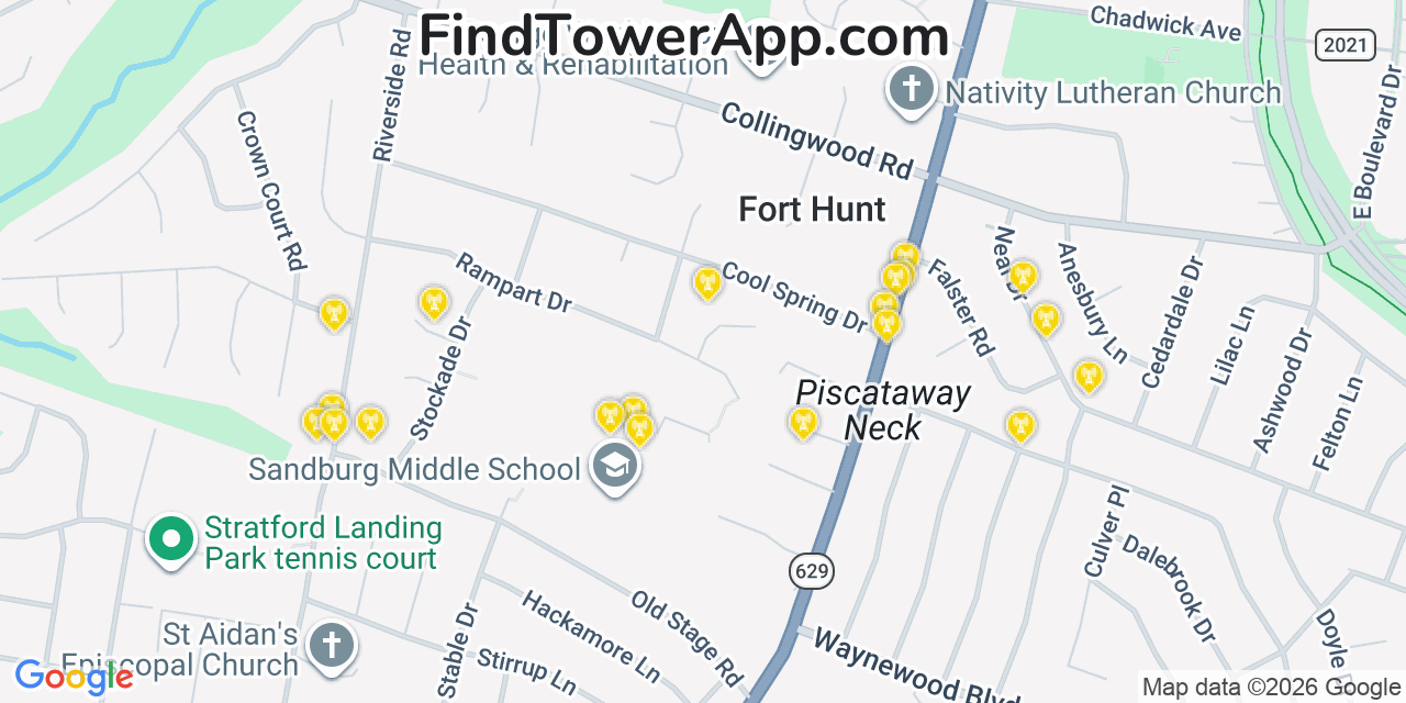 Map showing the 20 primary cell tower locations detected in Fort Hunt, Virginia from AT&T, Verizon, and T-Mobile networks