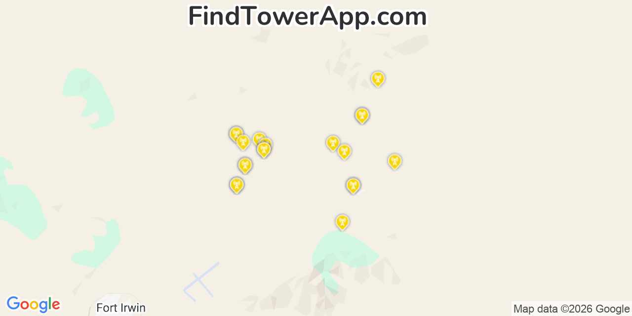 Map showing the 20 primary cell tower locations detected in Fort Irwin, California from AT&T, Verizon, and T-Mobile networks