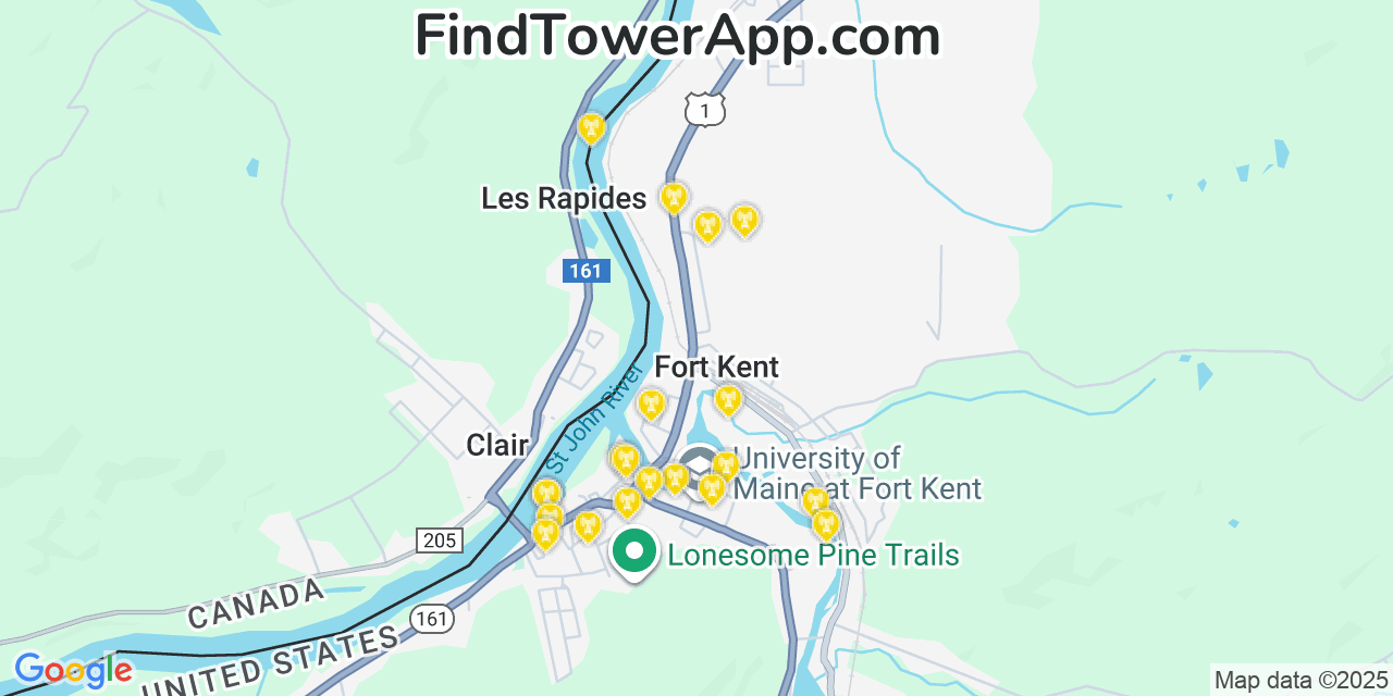 Map showing the 20 primary cell tower locations detected in Fort Kent, Maine from AT&T, Verizon, and T-Mobile networks