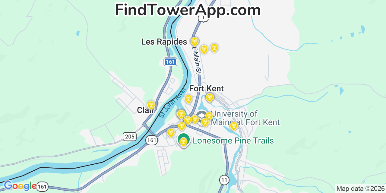 Map showing the 20 primary cell tower locations detected in Fort Kent, Maine from AT&T, Verizon, and T-Mobile networks