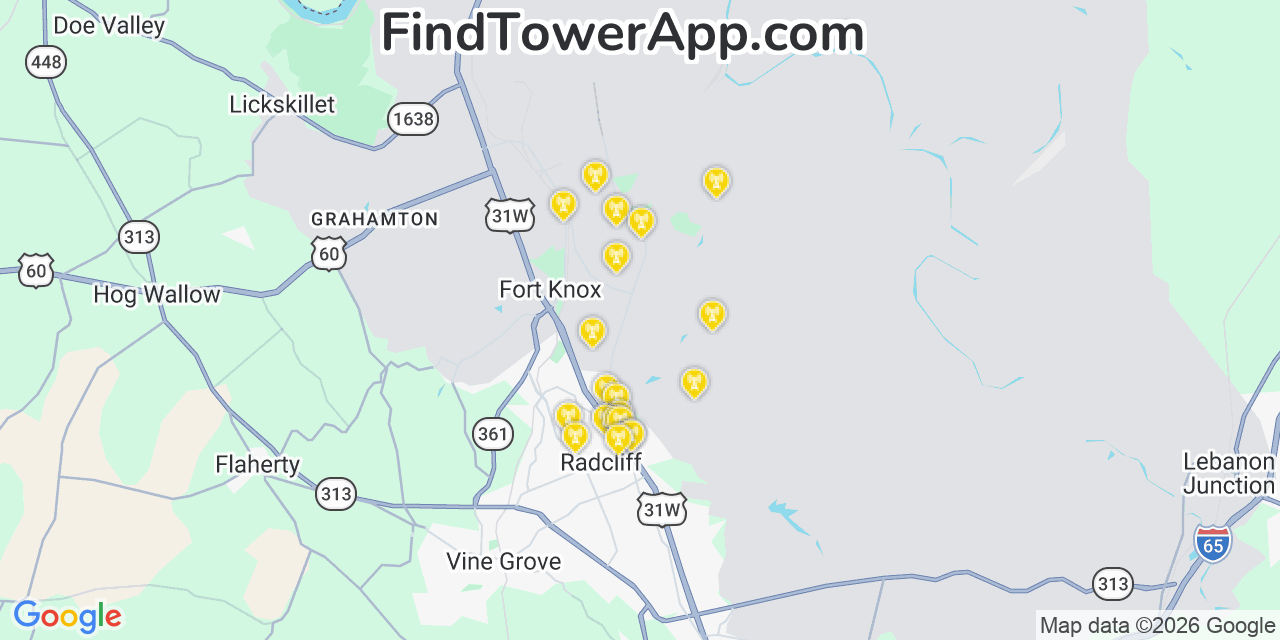 Map showing the 20 primary cell tower locations detected in Fort Knox, Kentucky from AT&T, Verizon, and T-Mobile networks