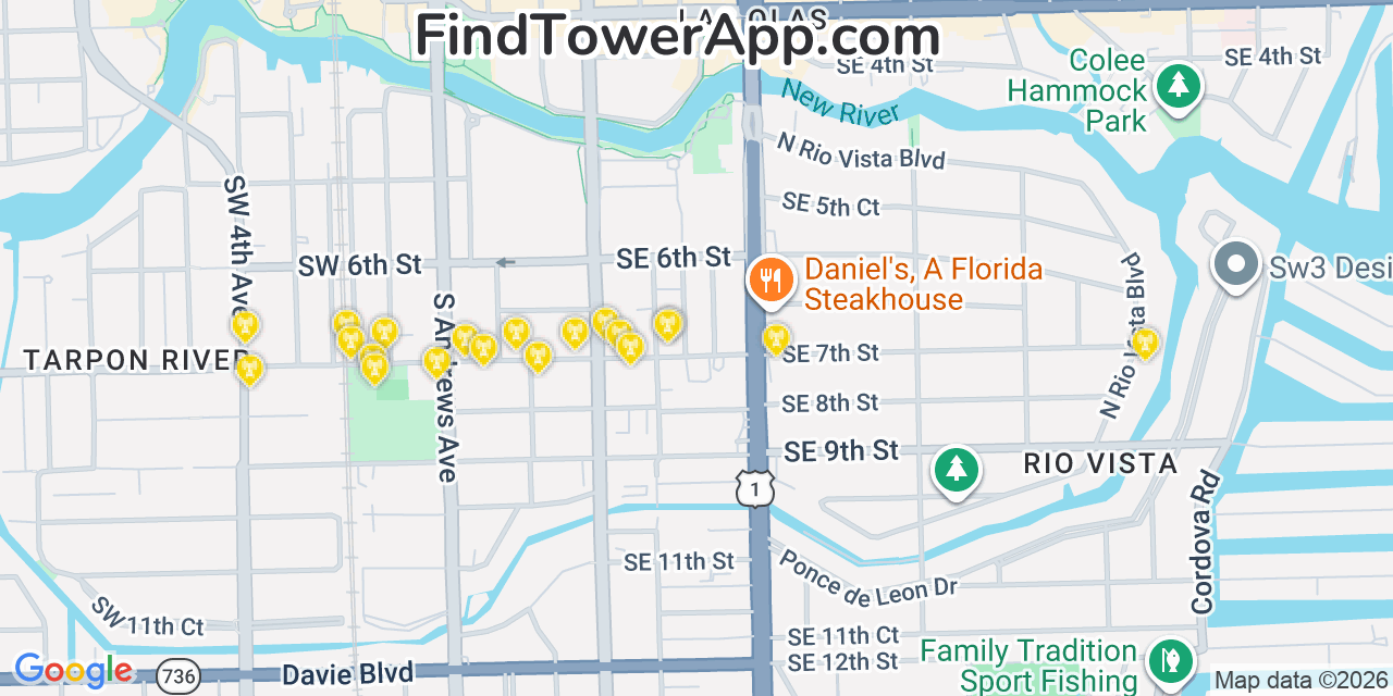 Map showing the 20 primary cell tower locations detected in Fort Lauderdale, Florida from AT&T, Verizon, and T-Mobile networks