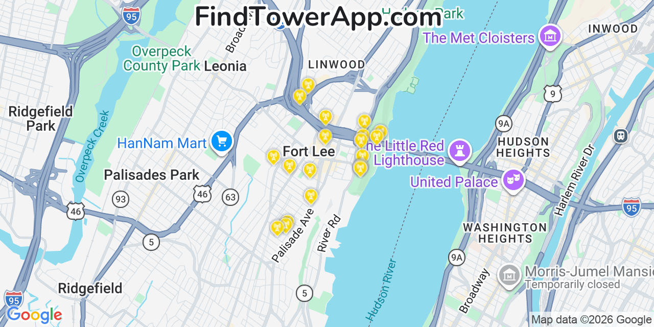 Map showing the 20 primary cell tower locations detected in Fort Lee, New Jersey from AT&T, Verizon, and T-Mobile networks