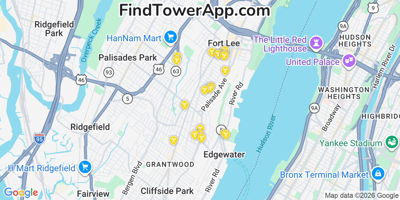 Map showing the 20 primary cell tower locations detected in Fort Lee, Virginia from AT&T, Verizon, and T-Mobile networks