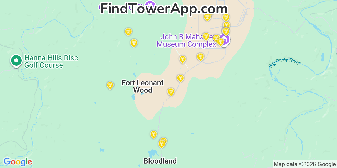 Map showing the 20 primary cell tower locations detected in Fort Leonard Wood, Missouri from AT&T, Verizon, and T-Mobile networks