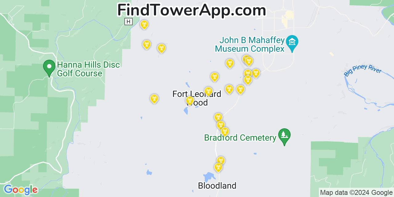 Verizon 4G/5G cell tower coverage map Fort Leonard Wood, Missouri