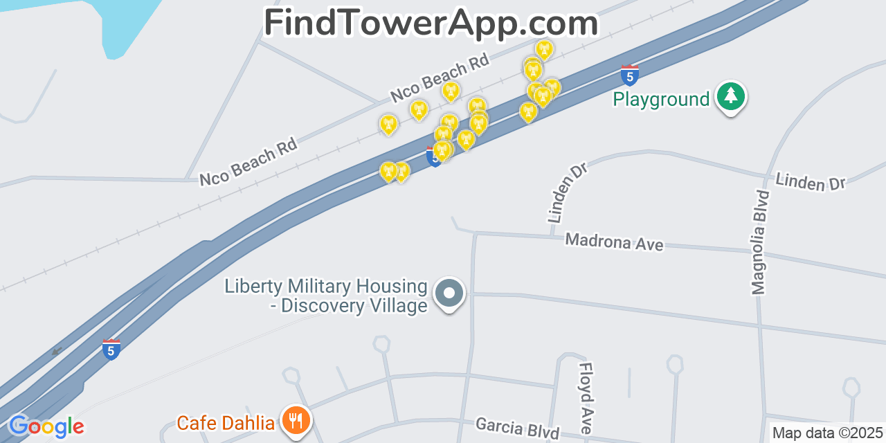 Map showing the 20 primary cell tower locations detected in Fort Lewis, Washington from AT&T, Verizon, and T-Mobile networks
