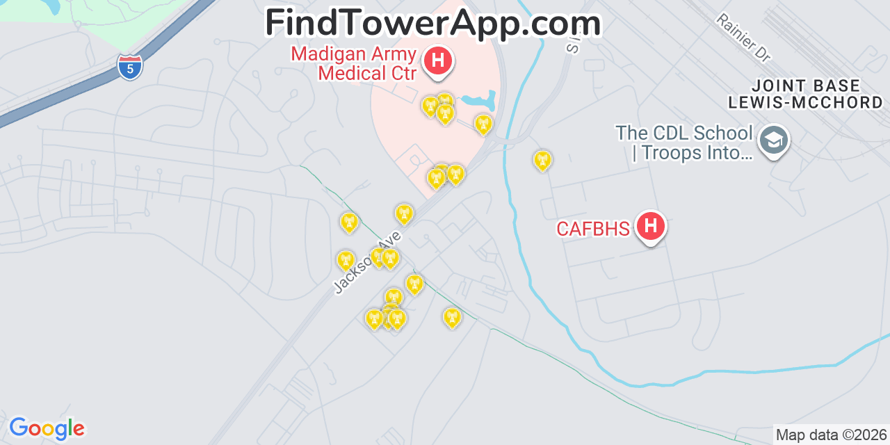 Map showing the 20 primary cell tower locations detected in Fort Lewis, Washington from AT&T, Verizon, and T-Mobile networks