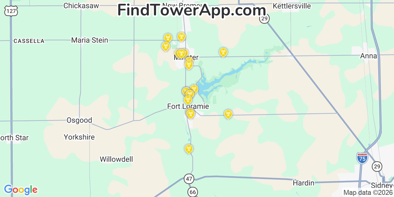 Map showing the 20 primary cell tower locations detected in Fort Loramie, Ohio from AT&T, Verizon, and T-Mobile networks