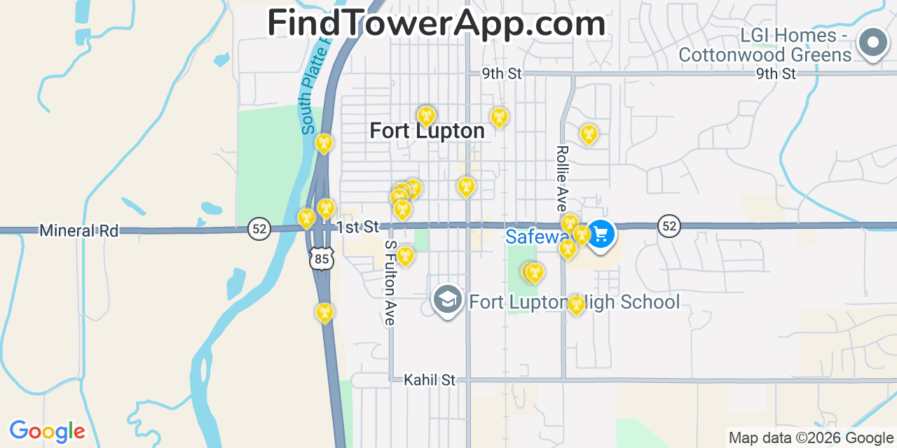 Map showing the 20 primary cell tower locations detected in Fort Lupton, Colorado from AT&T, Verizon, and T-Mobile networks