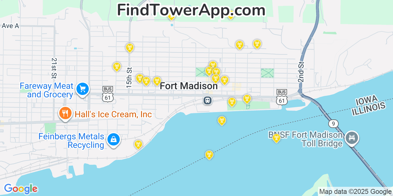 Map showing the 20 primary cell tower locations detected in Fort Madison, Iowa from AT&T, Verizon, and T-Mobile networks