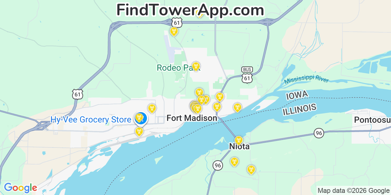 Map showing the 20 primary cell tower locations detected in Fort Madison, Iowa from AT&T, Verizon, and T-Mobile networks