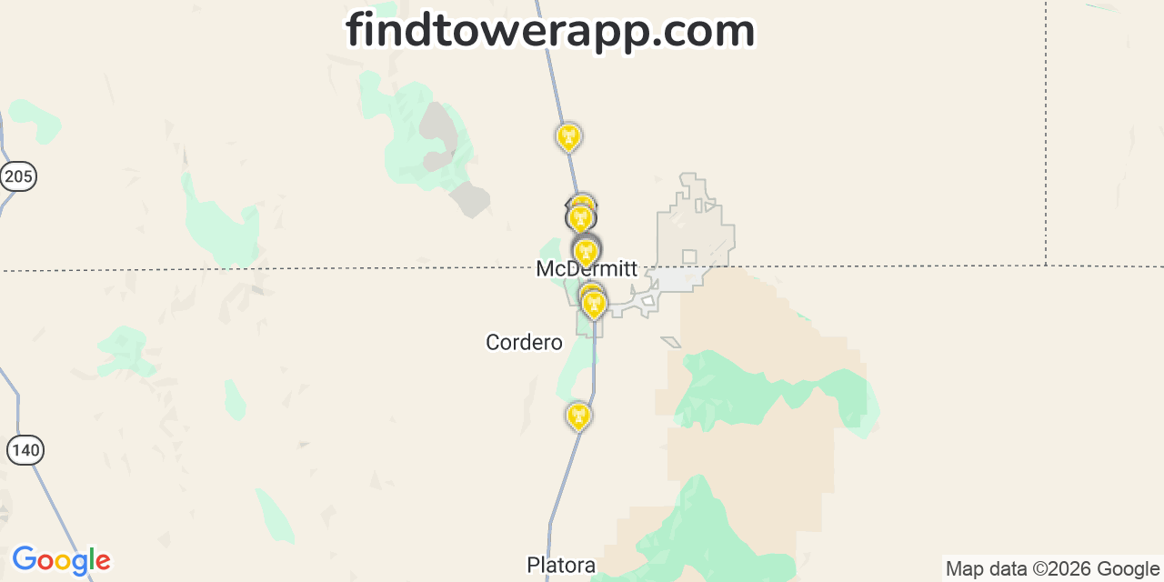 Map showing the 28 primary AT&T cell tower locations detected in Fort Mcdermitt, Nevada with coverage radius and signal strength indicators