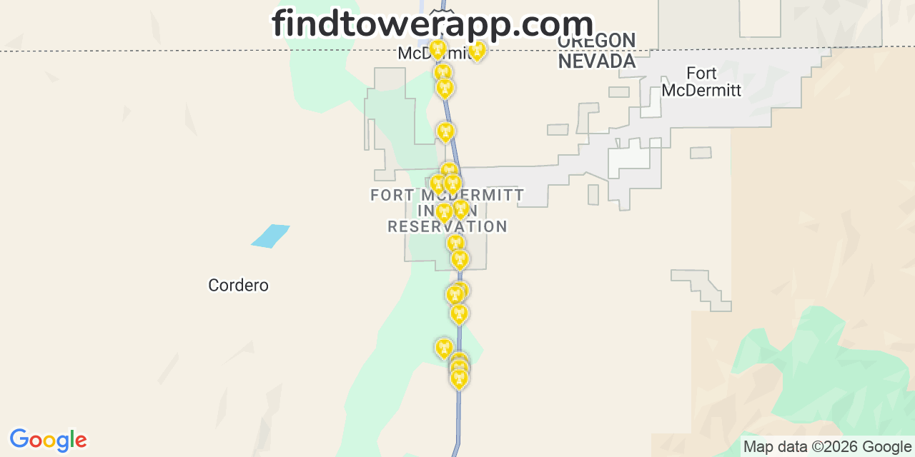 Map showing the 20 primary cell tower locations detected in Fort Mcdermitt, Nevada from AT&T, Verizon, and T-Mobile networks