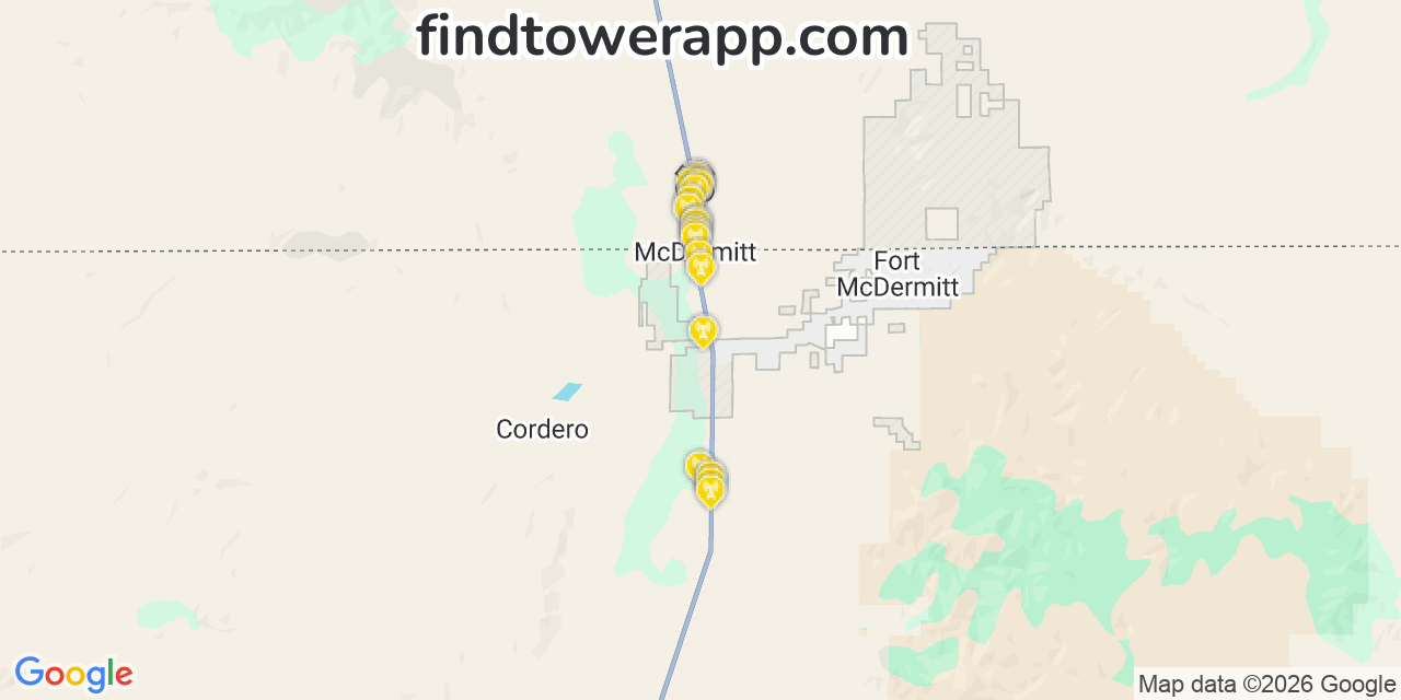 Map showing the 20 primary T-Mobile cell tower locations detected in Fort Mcdermitt, Nevada with coverage radius and signal strength indicators