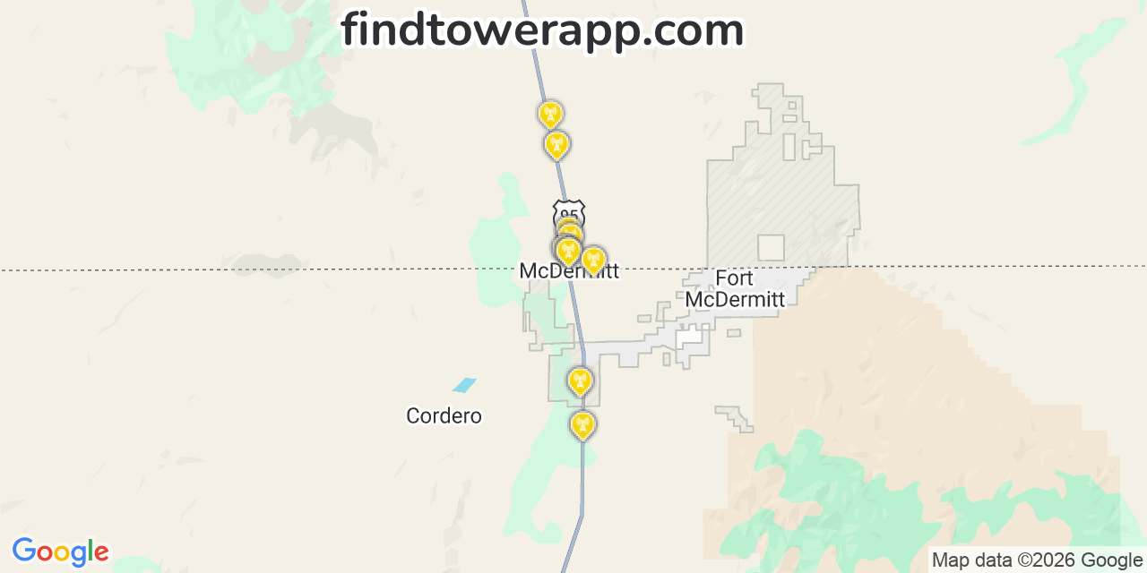 Map showing the 29 primary Verizon cell tower locations detected in Fort Mcdermitt, Nevada with coverage radius and signal strength indicators