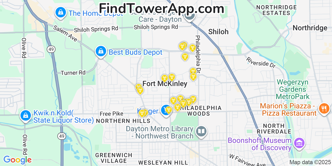 Map showing the 35 primary AT&T cell tower locations detected in Fort Mckinley, Ohio with coverage radius and signal strength indicators