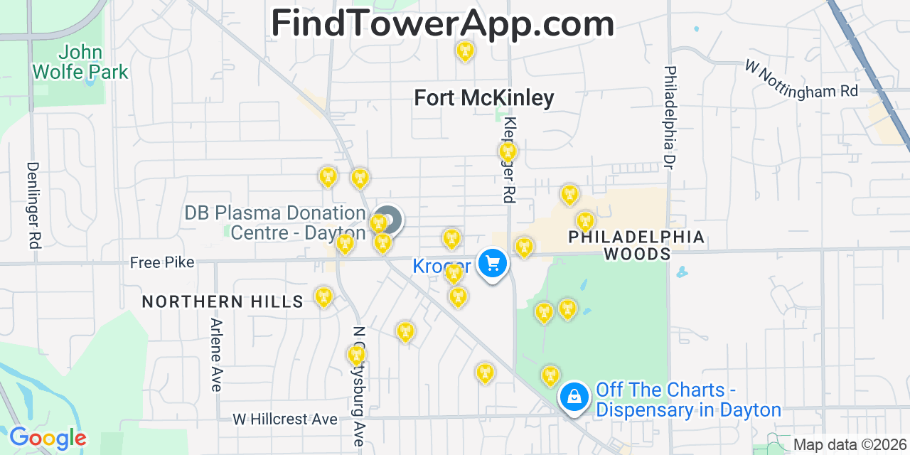 Map showing the 20 primary cell tower locations detected in Fort Mckinley, Ohio from AT&T, Verizon, and T-Mobile networks