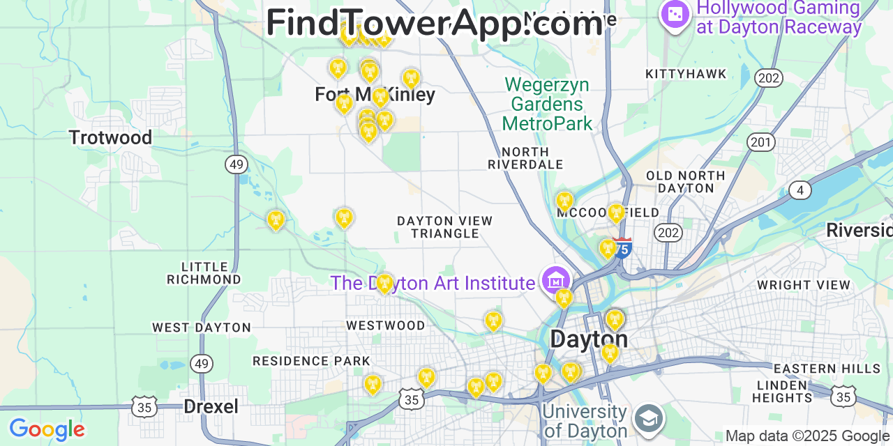 Map showing the 34 primary T-Mobile cell tower locations detected in Fort Mckinley, Ohio with coverage radius and signal strength indicators