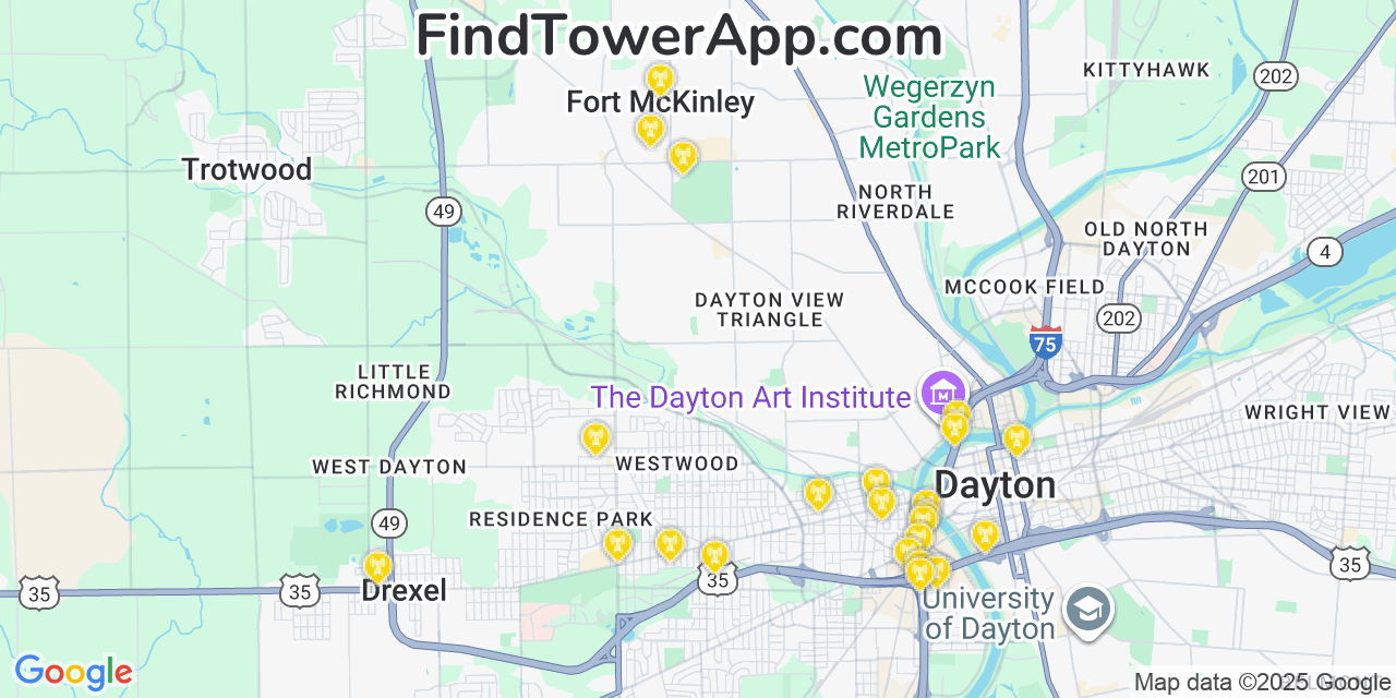 Map showing the 24 primary Verizon cell tower locations detected in Fort Mckinley, Ohio with coverage radius and signal strength indicators