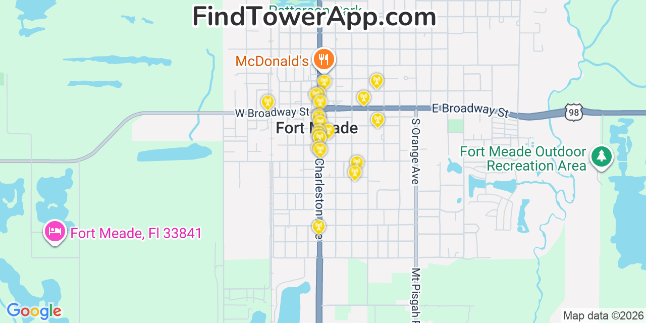 Map showing the 20 primary cell tower locations detected in Fort Meade, Florida from AT&T, Verizon, and T-Mobile networks