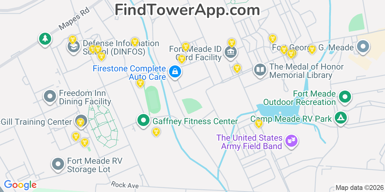 Map showing the 20 primary cell tower locations detected in Fort Meade, Maryland from AT&T, Verizon, and T-Mobile networks