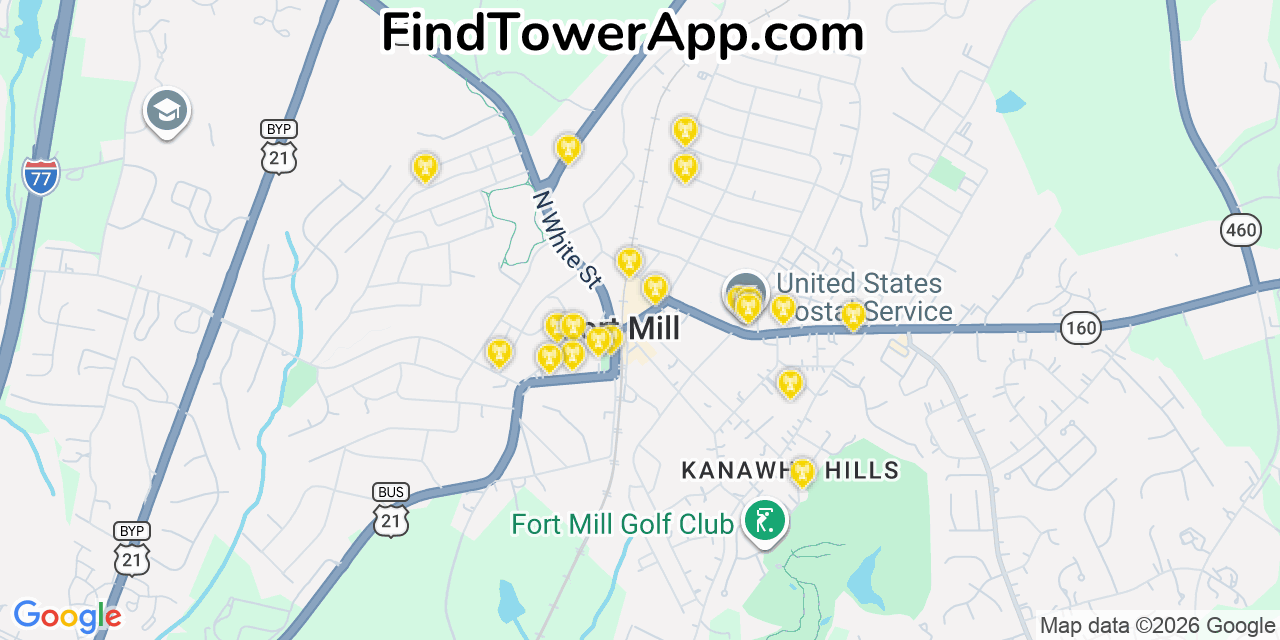Map showing the 20 primary cell tower locations detected in Fort Mill, South Carolina from AT&T, Verizon, and T-Mobile networks