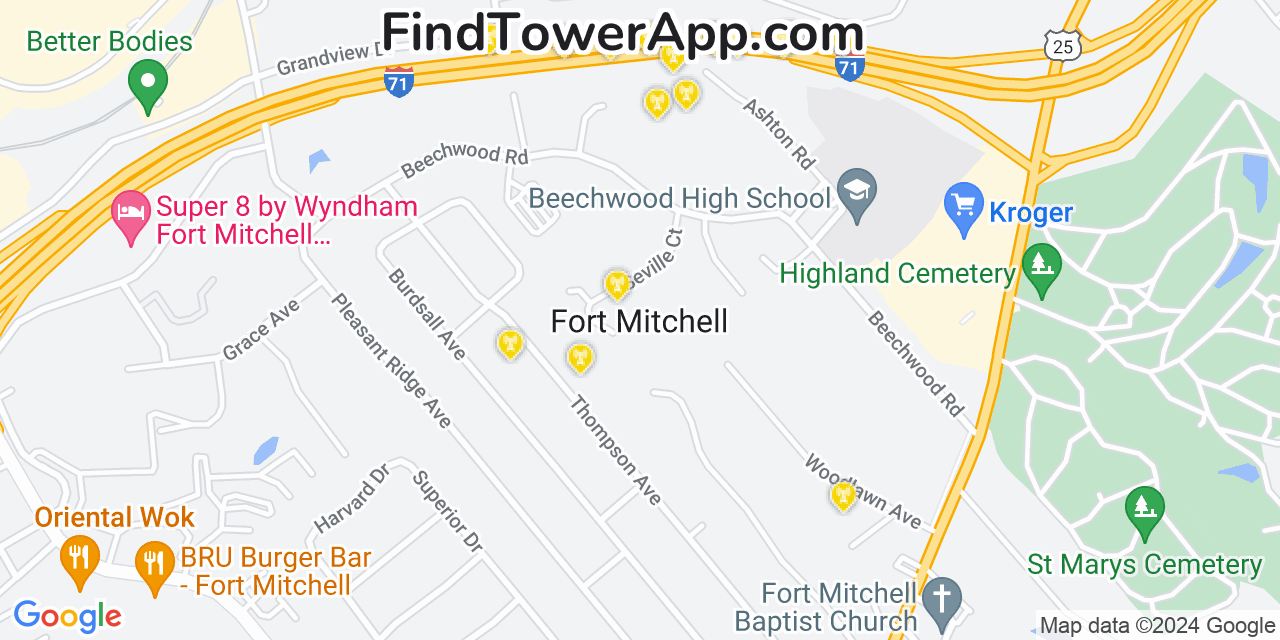 AT&T 4G/5G cell tower coverage map Fort Mitchell, Kentucky