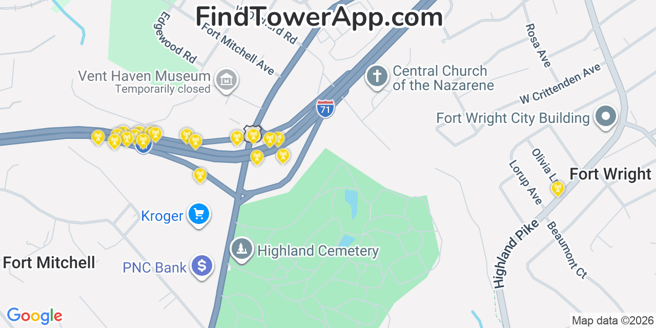 Map showing the 20 primary cell tower locations detected in Fort Mitchell, Kentucky from AT&T, Verizon, and T-Mobile networks