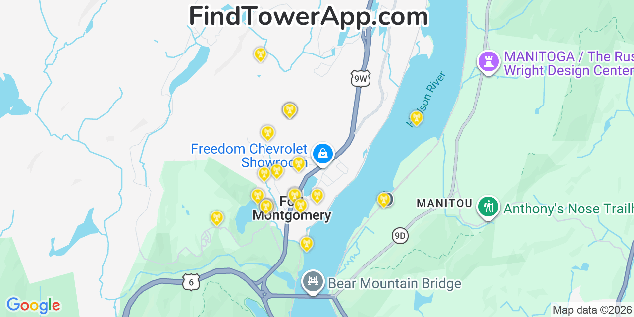 Map showing the 20 primary cell tower locations detected in Fort Montgomery, New York from AT&T, Verizon, and T-Mobile networks