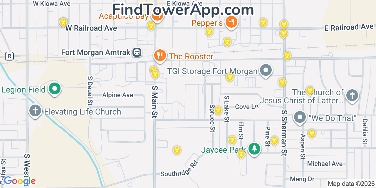 Map showing the 20 primary cell tower locations detected in Fort Morgan, Colorado from AT&T, Verizon, and T-Mobile networks