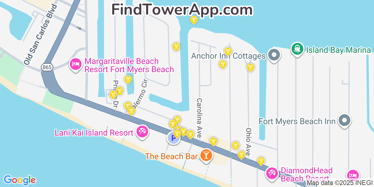 Map showing the 20 primary cell tower locations detected in Fort Myers Beach, Florida from AT&T, Verizon, and T-Mobile networks