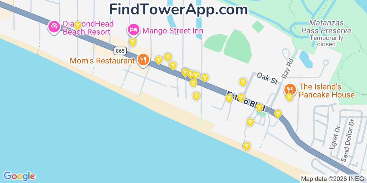 Map showing the 20 primary cell tower locations detected in Fort Myers Beach, Florida from AT&T, Verizon, and T-Mobile networks