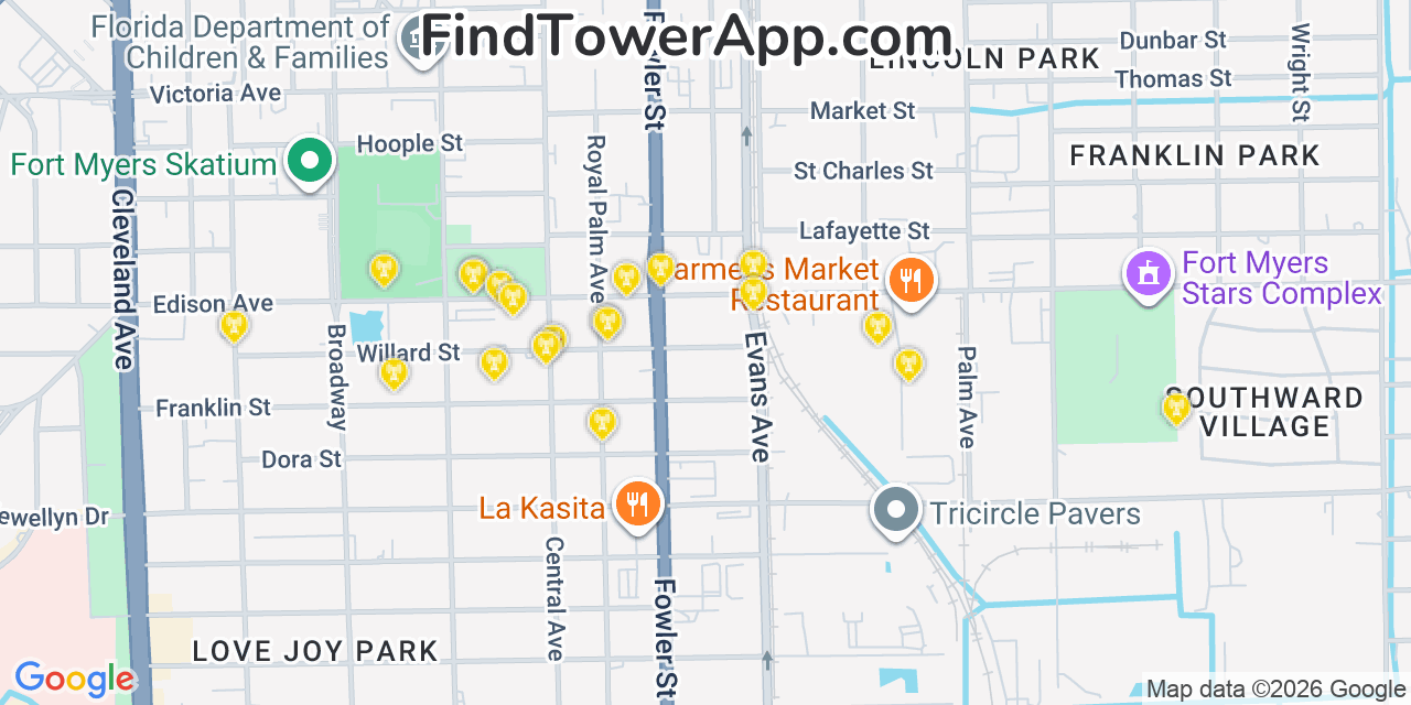 Map showing the 20 primary cell tower locations detected in Fort Myers, Florida from AT&T, Verizon, and T-Mobile networks