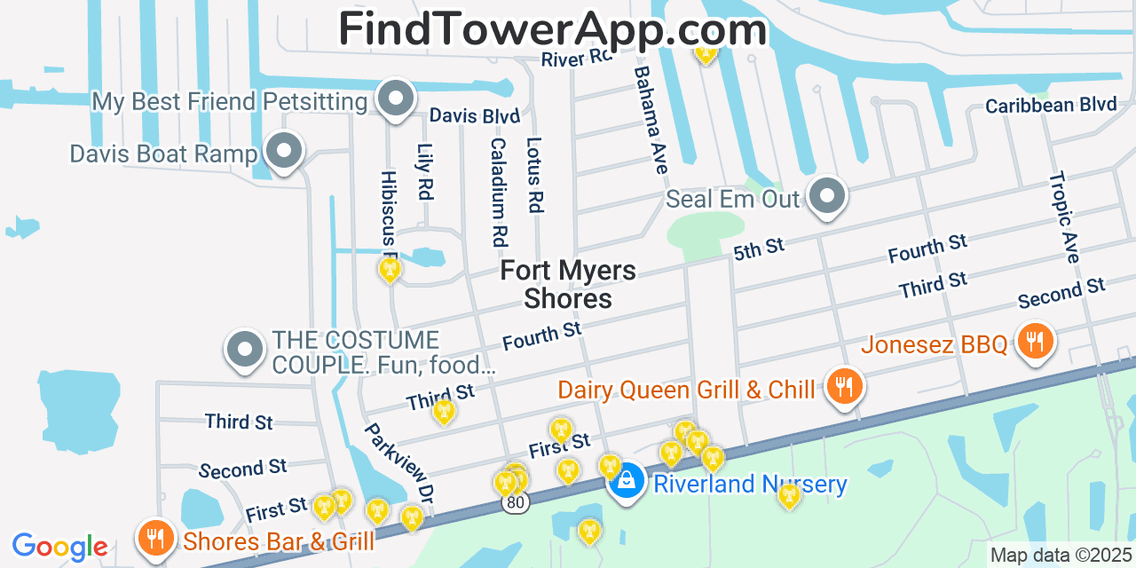 Map showing the 20 primary cell tower locations detected in Fort Myers Shores, Florida from AT&T, Verizon, and T-Mobile networks