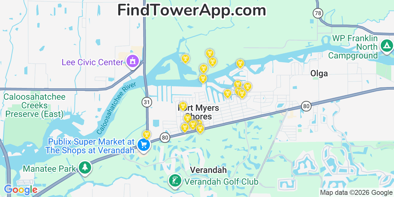 Map showing the 20 primary cell tower locations detected in Fort Myers Shores, Florida from AT&T, Verizon, and T-Mobile networks