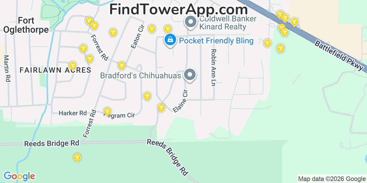 Map showing the 20 primary cell tower locations detected in Fort Oglethorpe, Georgia from AT&T, Verizon, and T-Mobile networks