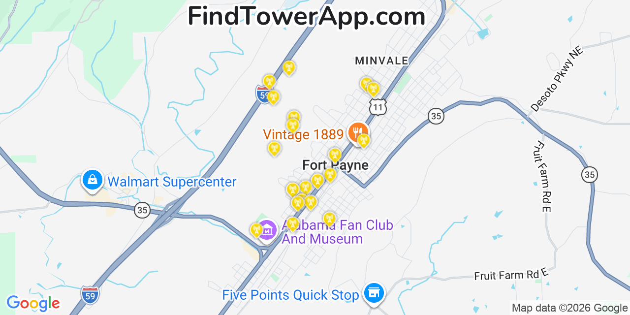 Map showing the 20 primary cell tower locations detected in Fort Payne, Alabama from AT&T, Verizon, and T-Mobile networks