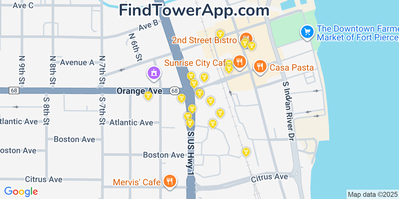 Map showing the 20 primary cell tower locations detected in Fort Pierce, Florida from AT&T, Verizon, and T-Mobile networks