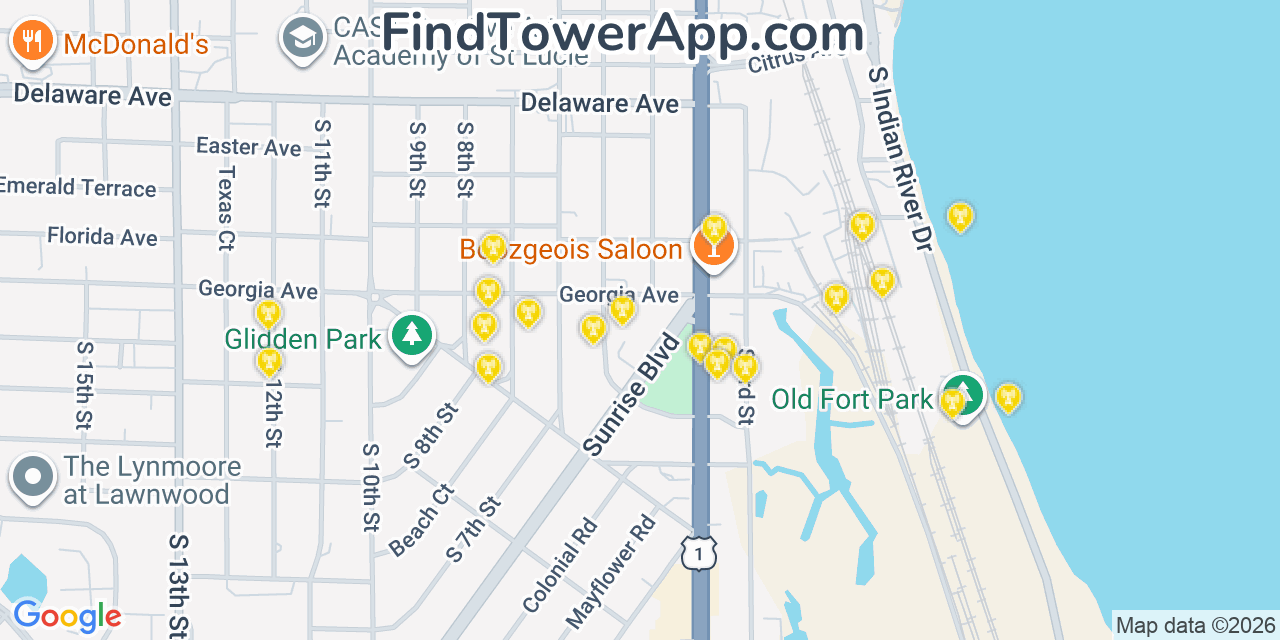 Map showing the 20 primary cell tower locations detected in Fort Pierce, Florida from AT&T, Verizon, and T-Mobile networks
