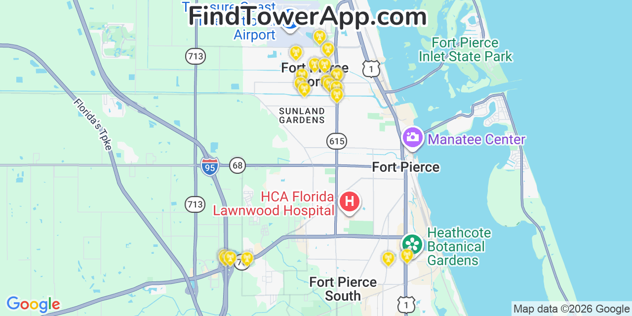 Map showing the 20 primary cell tower locations detected in Fort Pierce North, Florida from AT&T, Verizon, and T-Mobile networks