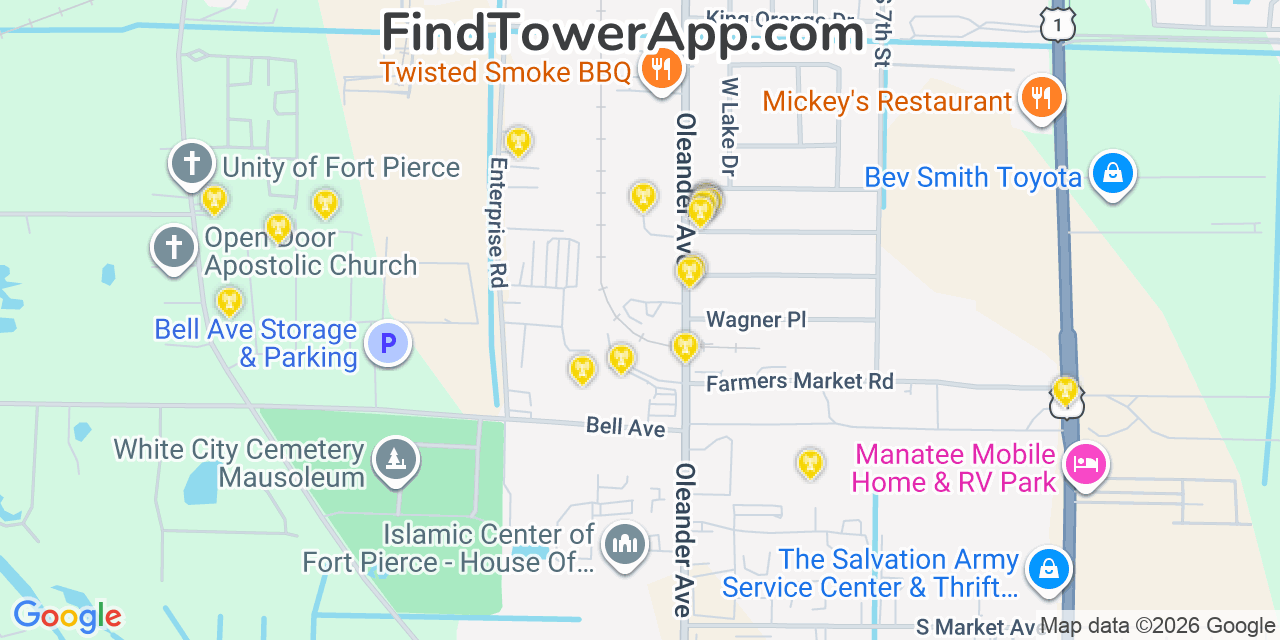 Map showing the 20 primary cell tower locations detected in Fort Pierce South, Florida from AT&T, Verizon, and T-Mobile networks