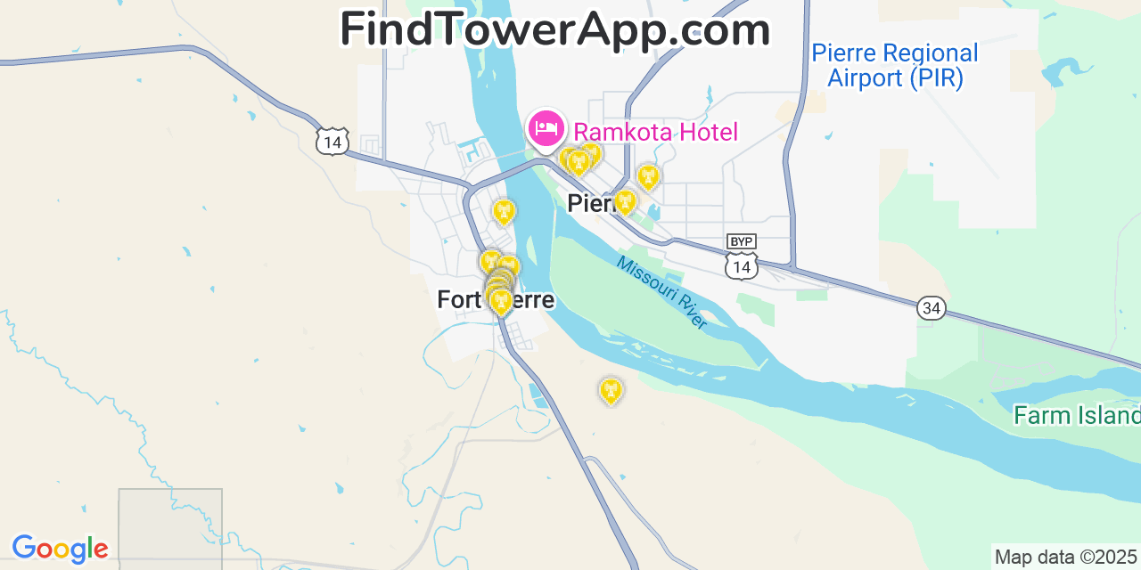 Map showing the 20 primary cell tower locations detected in Fort Pierre, South Dakota from AT&T, Verizon, and T-Mobile networks