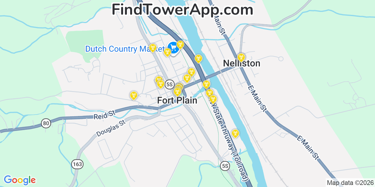 Map showing the 20 primary cell tower locations detected in Fort Plain, New York from AT&T, Verizon, and T-Mobile networks